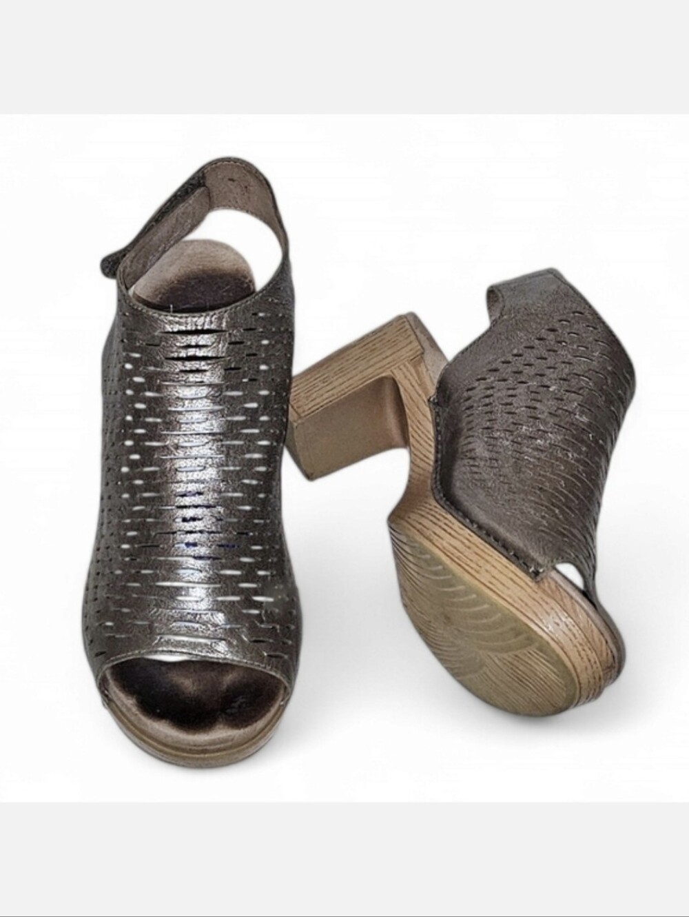 Dansko Danae Woven Pewter Leather Peep-Toe Platform Block Heel Sandals Sz 41 10 - Picture 11 of 12